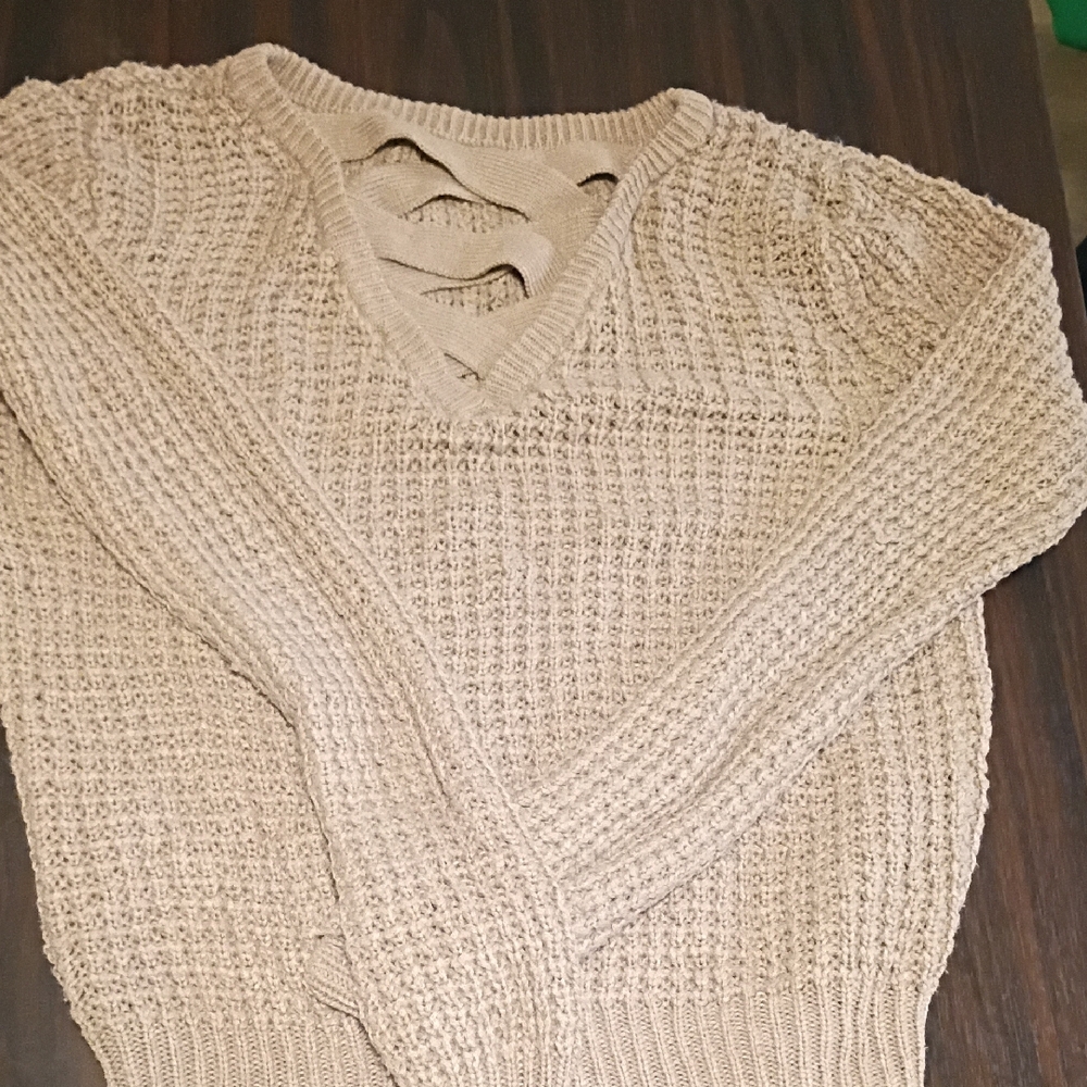 Ambiance Beige V-Neck Sweater with Cut-Outs